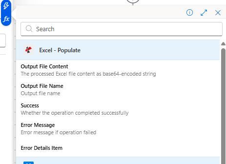 Haz clic para ampliar Excel: Rellenar el selector de contenido dinámico que muestra el contenido del archivo de salida, el nombre del archivo de salida, el estado de éxito, el mensaje de error y los detalles del error.